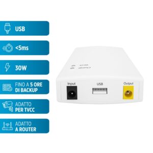 Mini UPS per dispositivi 12V e USB - 30 Watt
