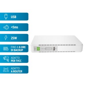 Mini UPS per dispositivi 12V e USB - 25 Watt